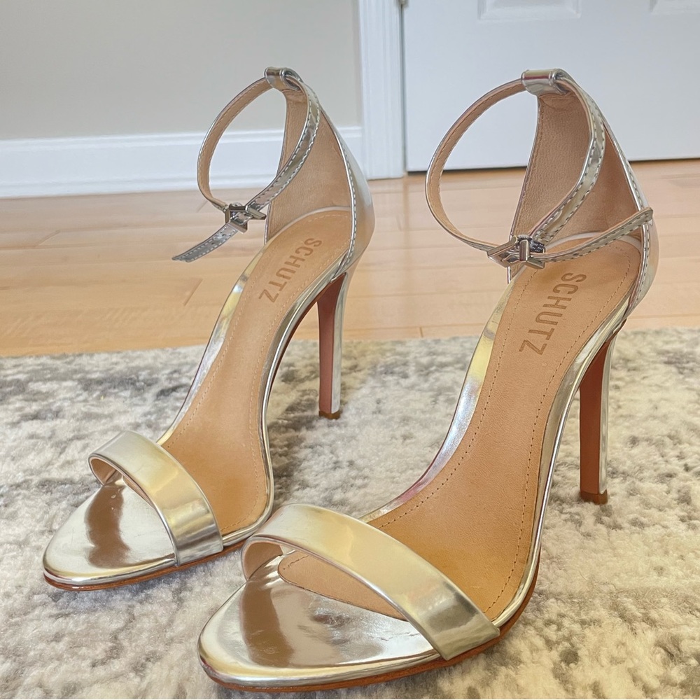 Schutz Cadey Lee Strap Sandal Heel in Silver